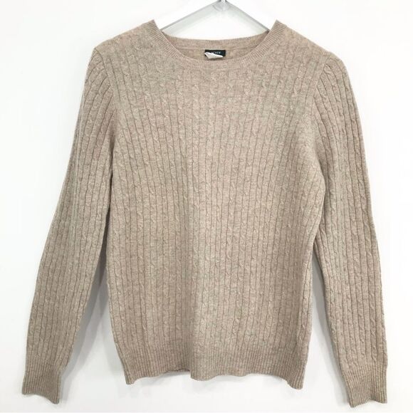 J. Crew Wool Cashmere Tan Retro Classic Crew Neck Lightweight Cable Knit Sweater - Picture 1 of 14